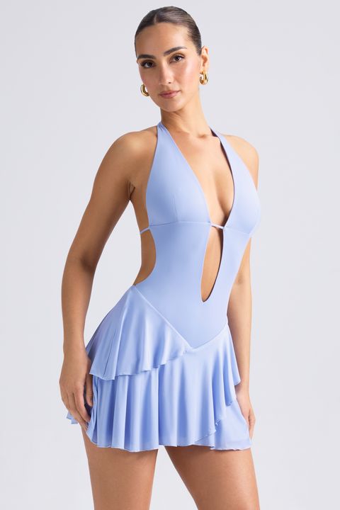 röyhelöinen aukkoinen halterneck-minimekko väri periwinkle blue