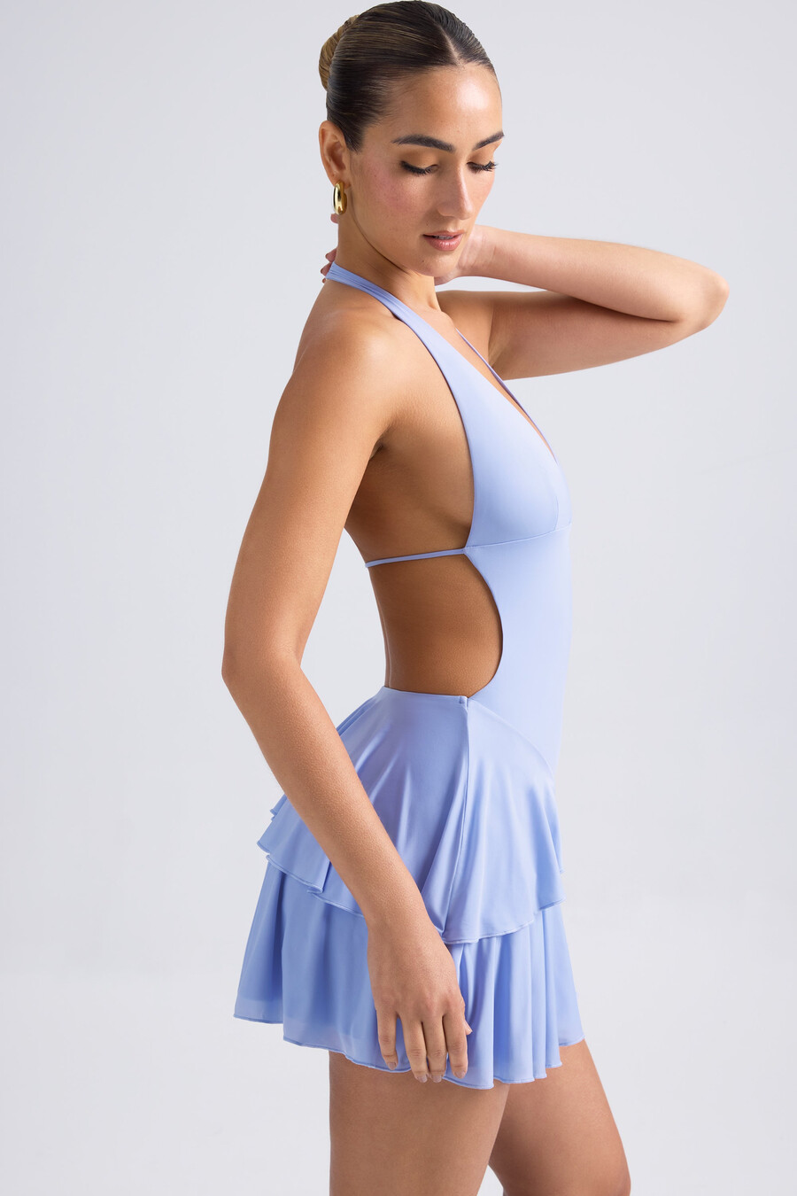 röyhelöinen aukkoinen halterneck-minimekko väri periwinkle blue
