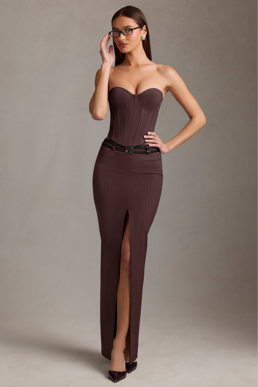 pinstripe low rise maxi -hame suklaanruskeana