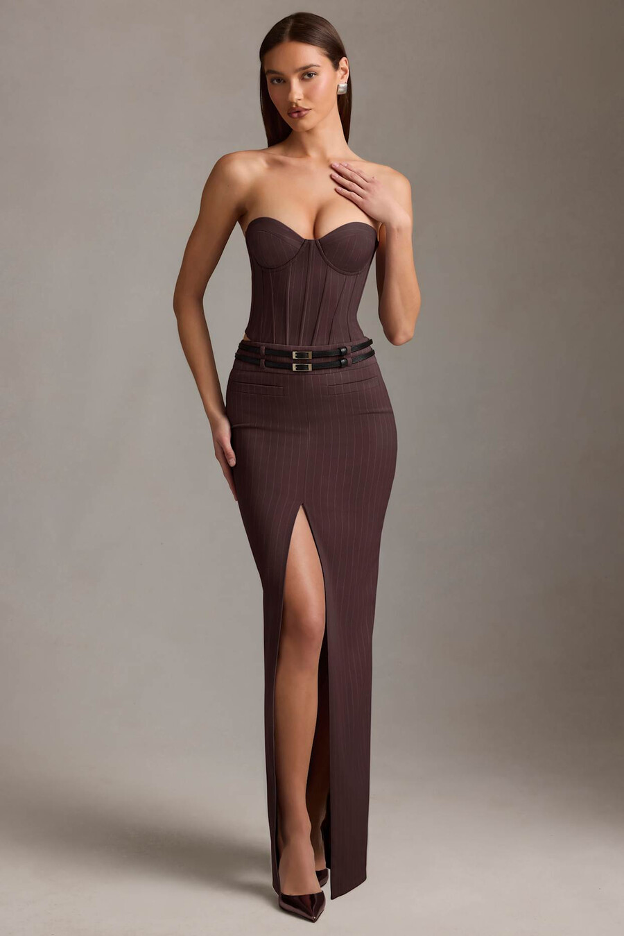 pinstripe low rise maxi -hame suklaanruskeana