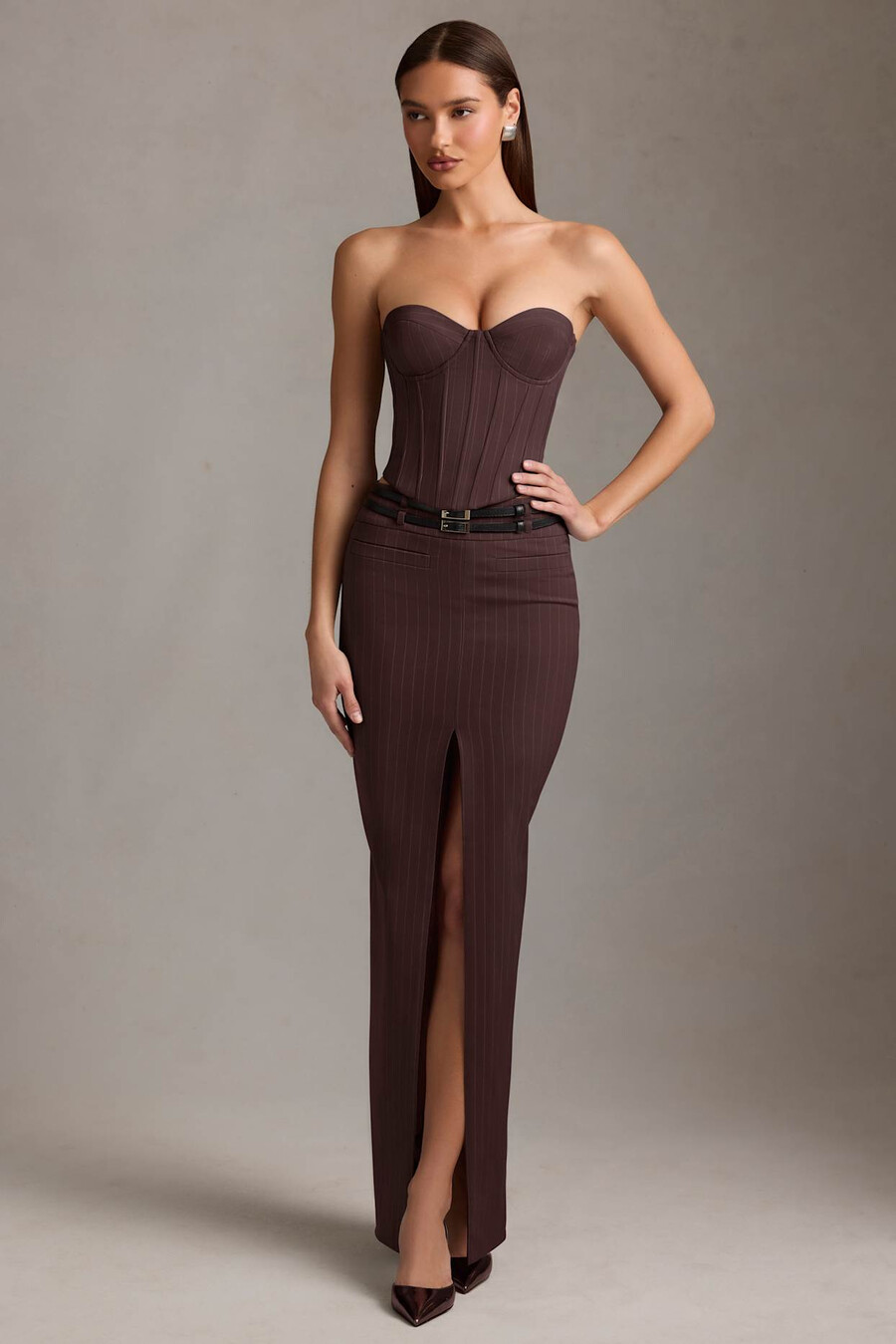 pinstripe low rise maxi -hame suklaanruskeana