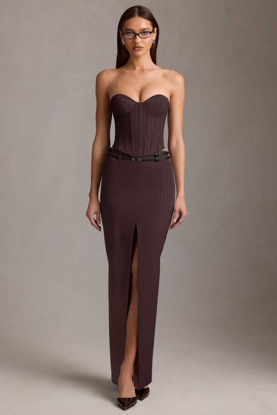 pinstripe low rise maxi -hame suklaanruskeana