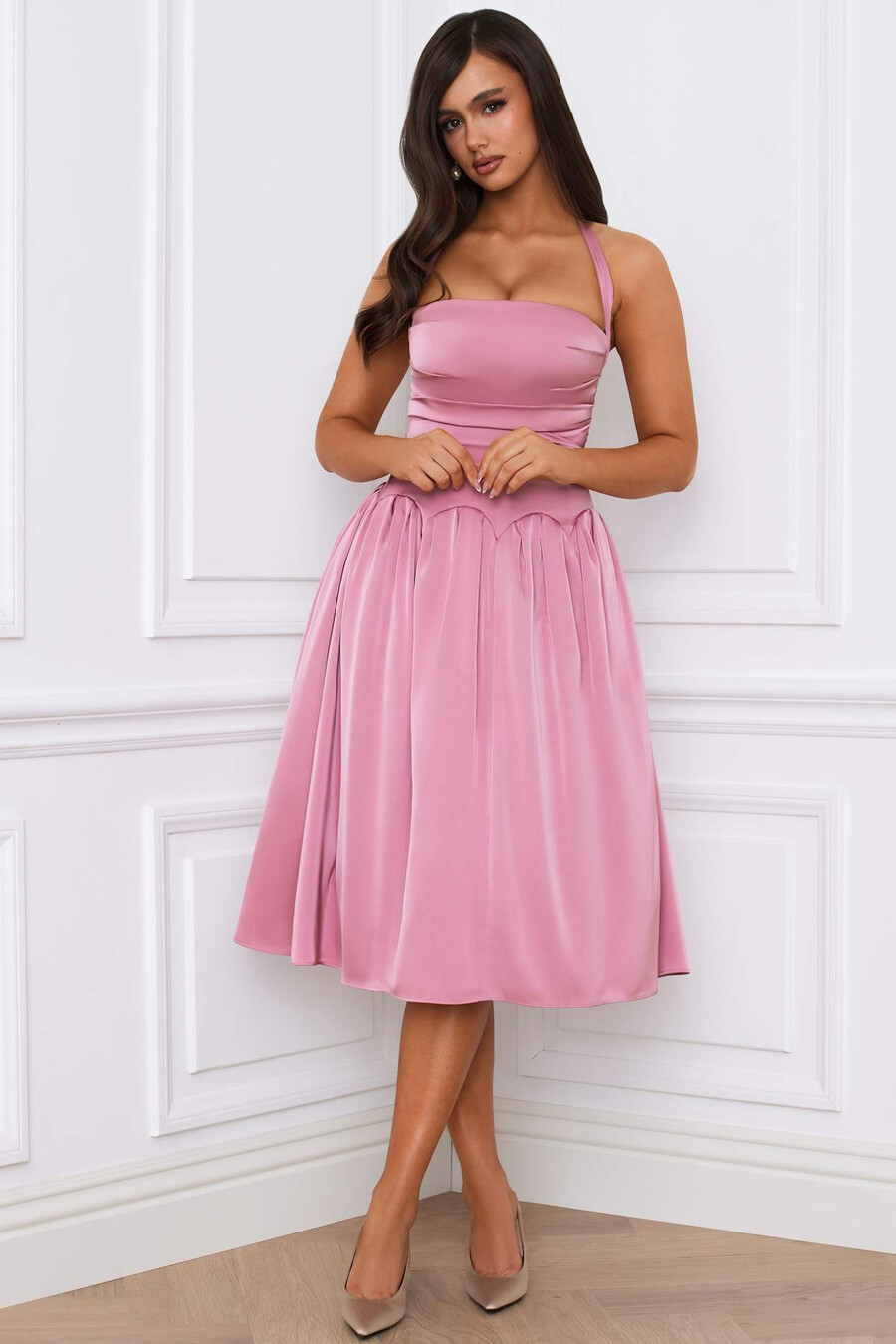halterneck lace-up ruched korsetti midi mekko mauve