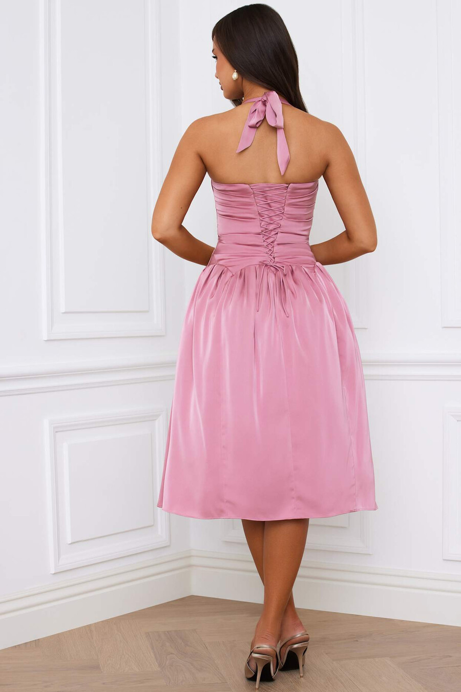 halterneck lace-up ruched korsetti midi mekko mauve
