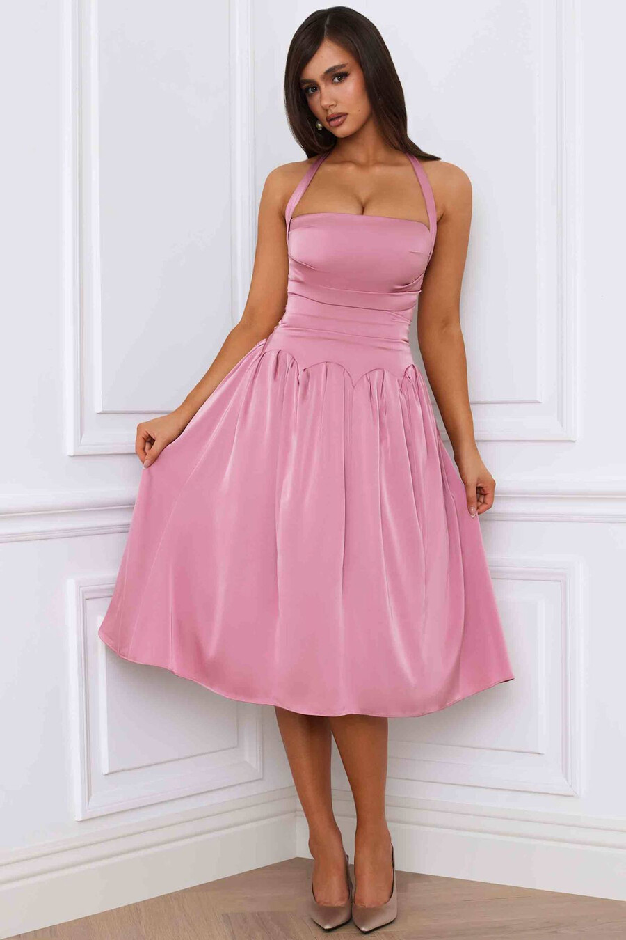 halterneck lace-up ruched korsetti midi mekko mauve
