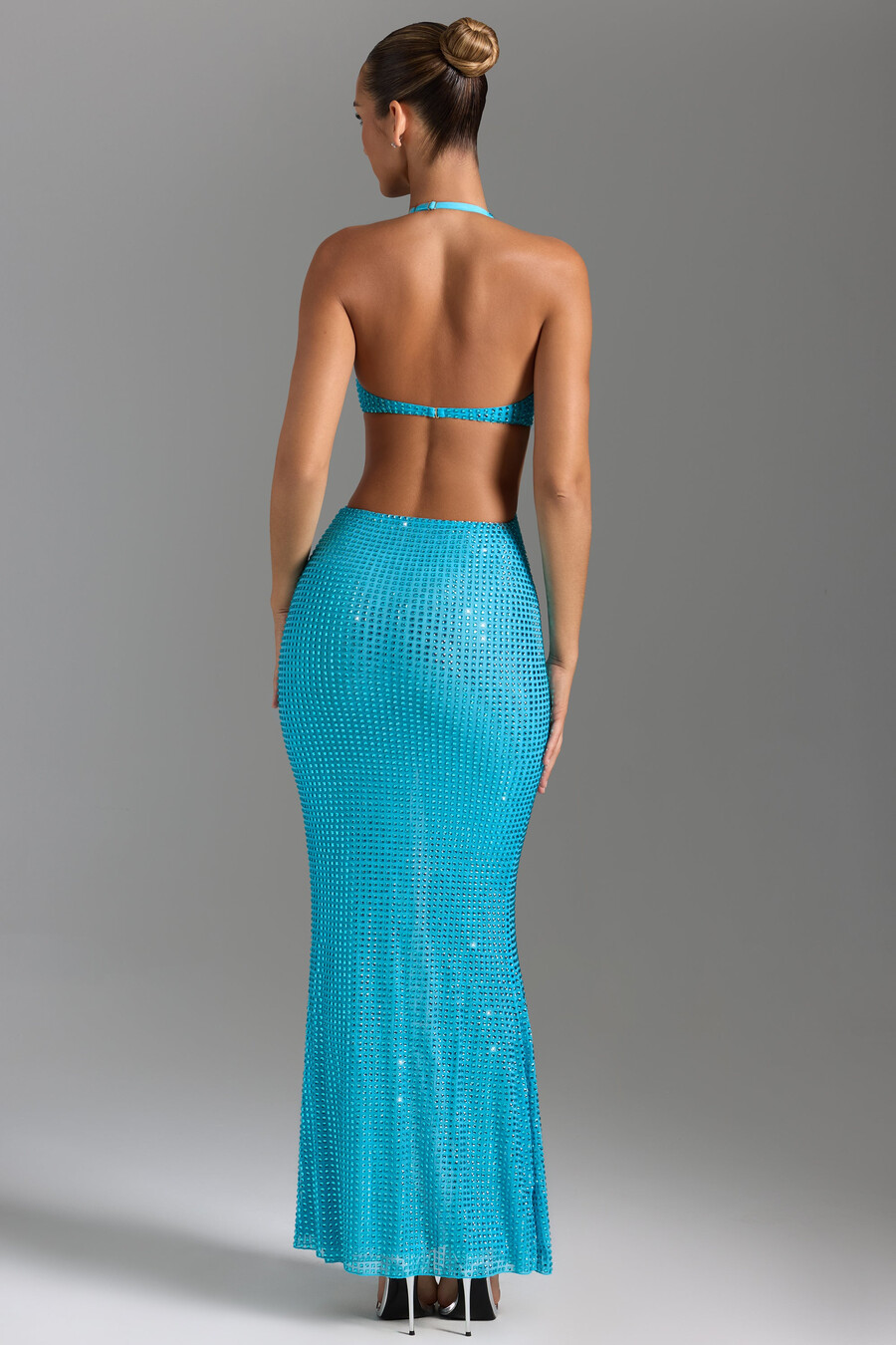 koristeltu halterneck-maksimekko väri aqua blue
