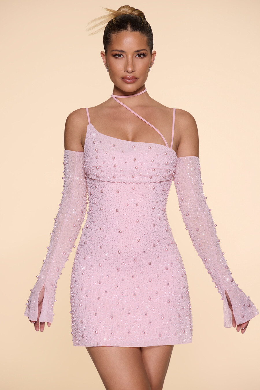 koristeltu epäsymmetrinen korsettiminimekko värissä blush