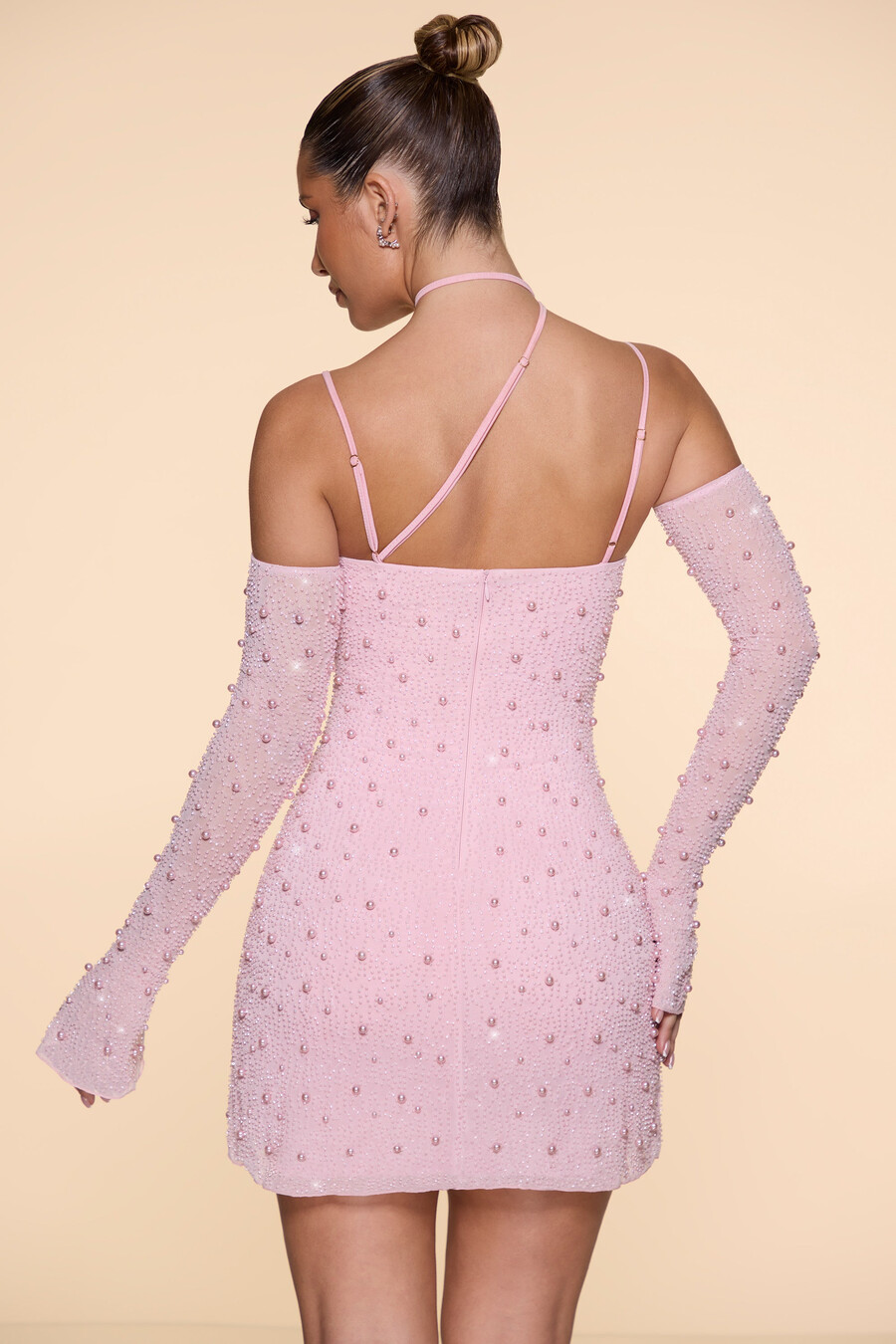 koristeltu epäsymmetrinen korsettiminimekko värissä blush