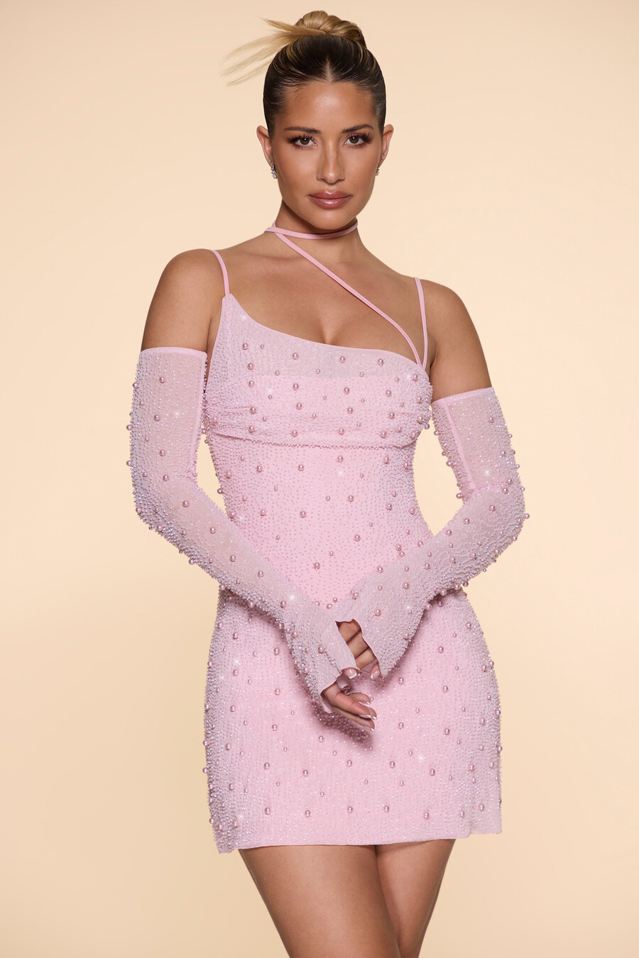 koristeltu epäsymmetrinen korsettiminimekko värissä blush