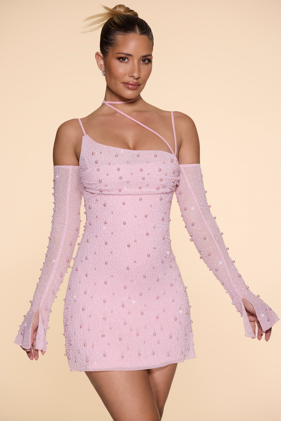 koristeltu epäsymmetrinen korsettiminimekko värissä blush