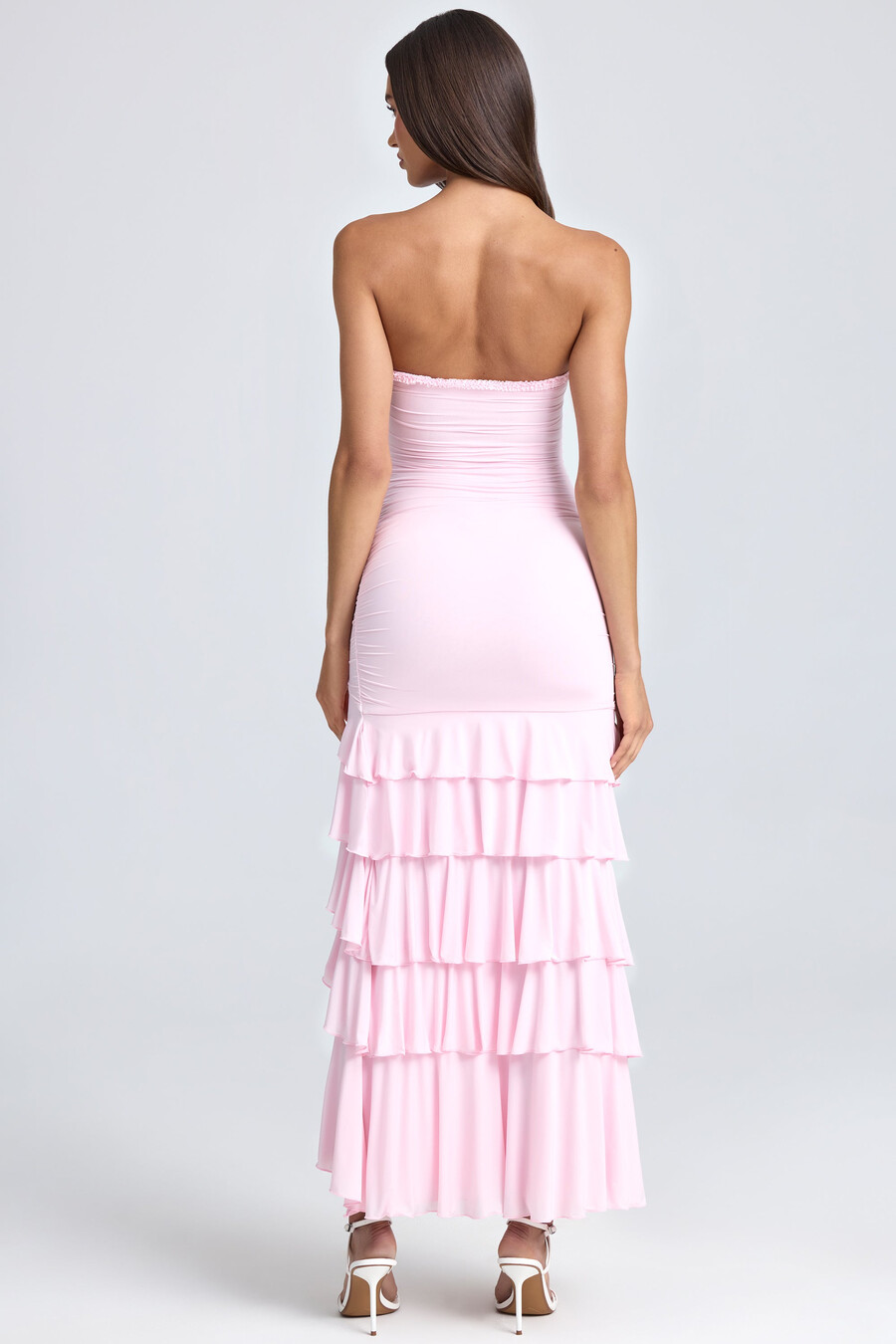 bandeau ruched ruffle-trim maxi-mekko poskipunaa