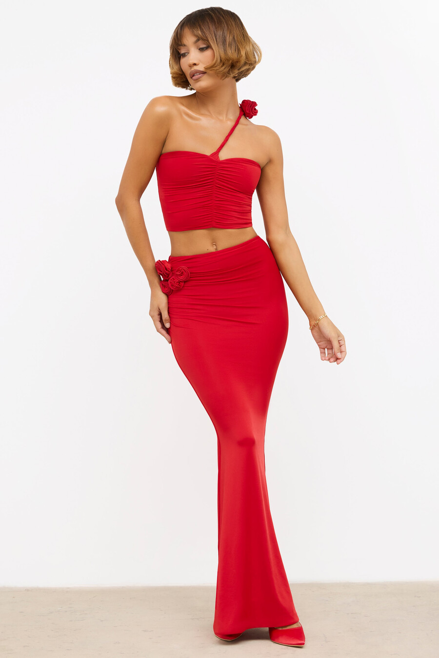 slinky jersey rose detail mid rise maxi hame scarlet red