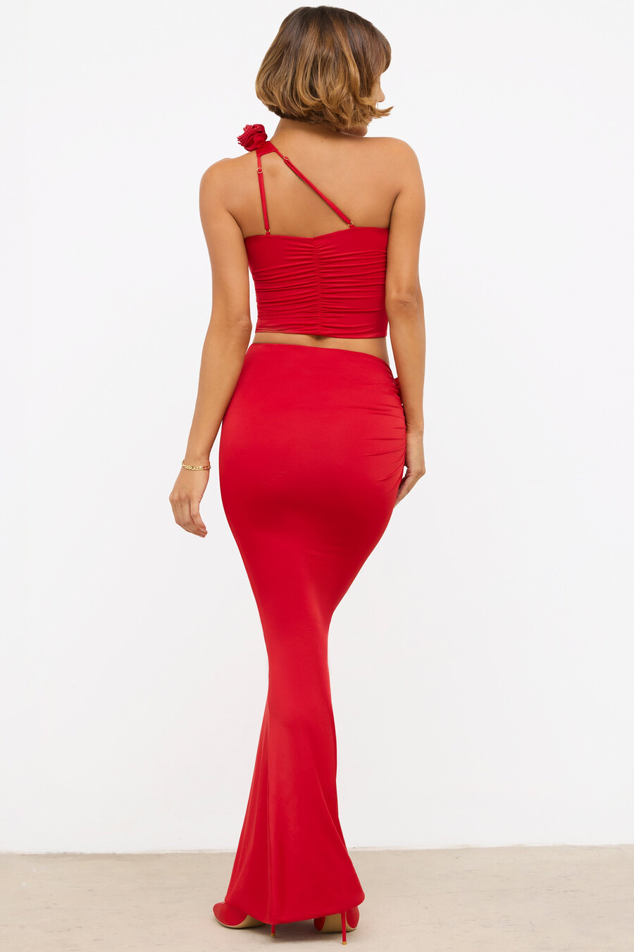 slinky jersey rose detail mid rise maxi hame scarlet red