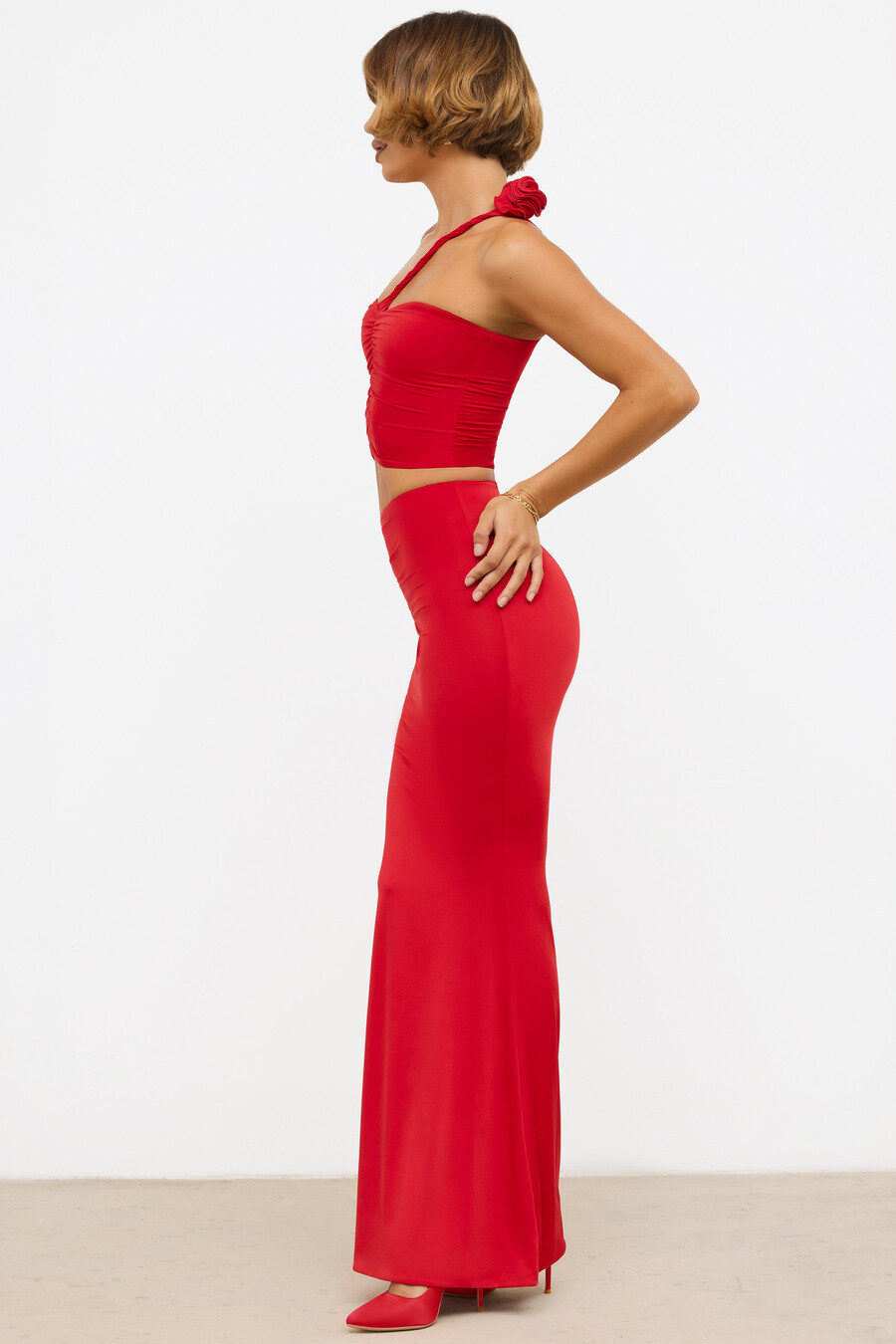 slinky jersey rose detail mid rise maxi hame scarlet red