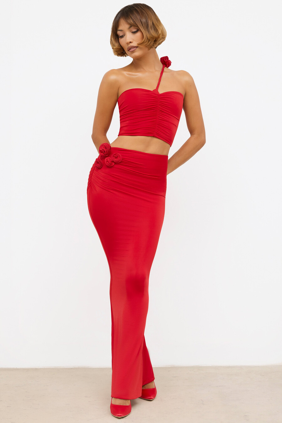 slinky jersey rose detail mid rise maxi hame scarlet red