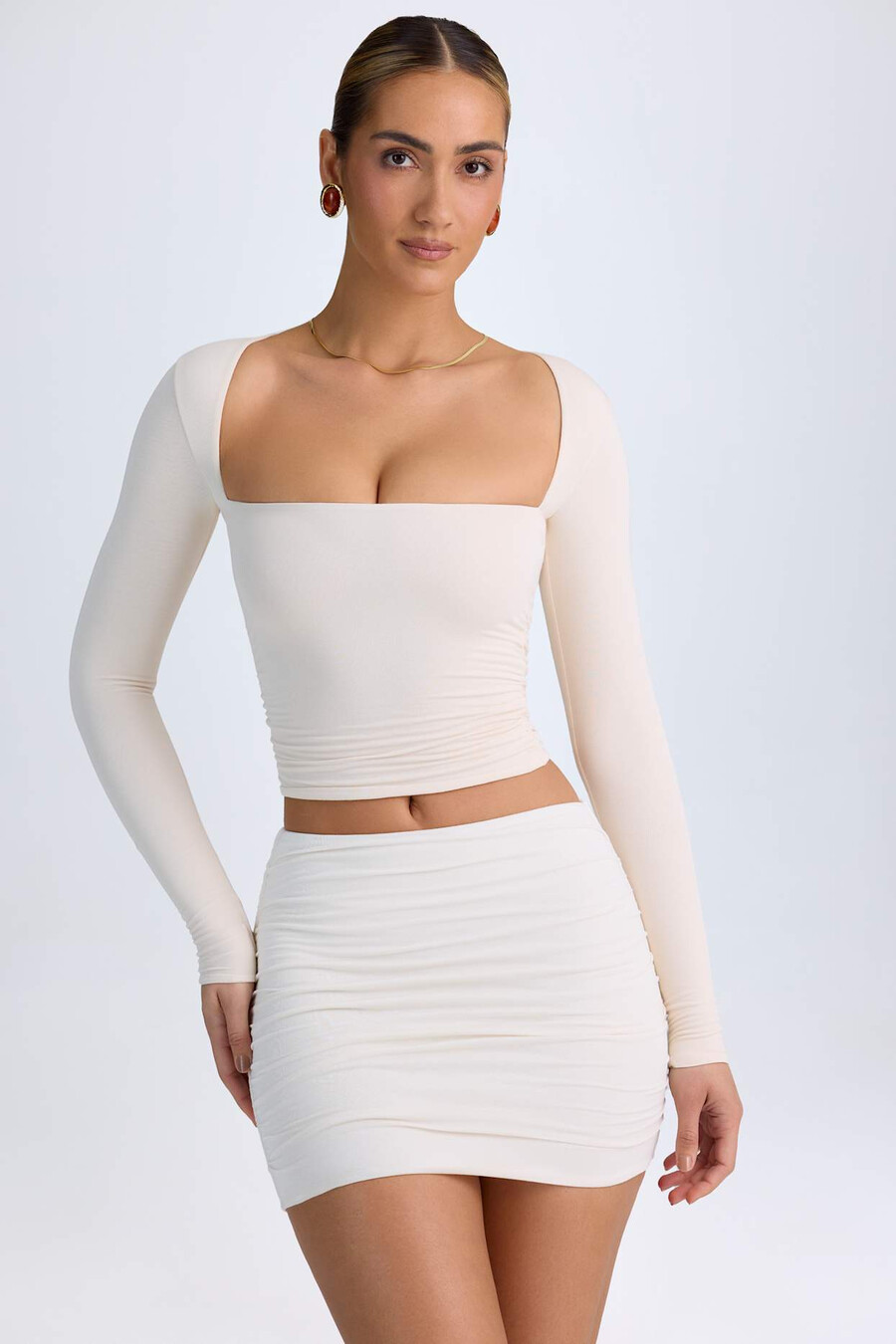 modal halterneck ruched top ivory