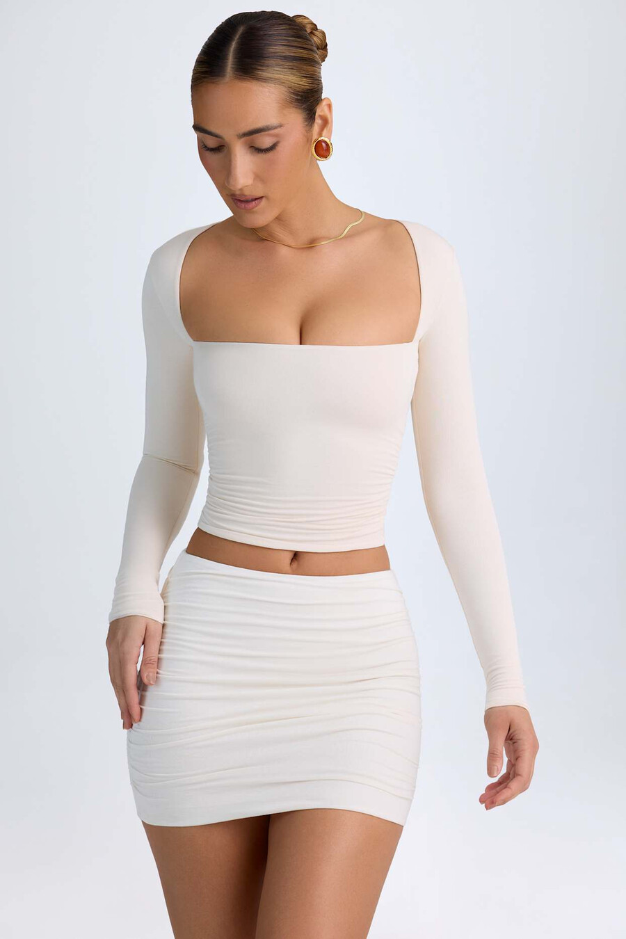 modal halterneck ruched top ivory