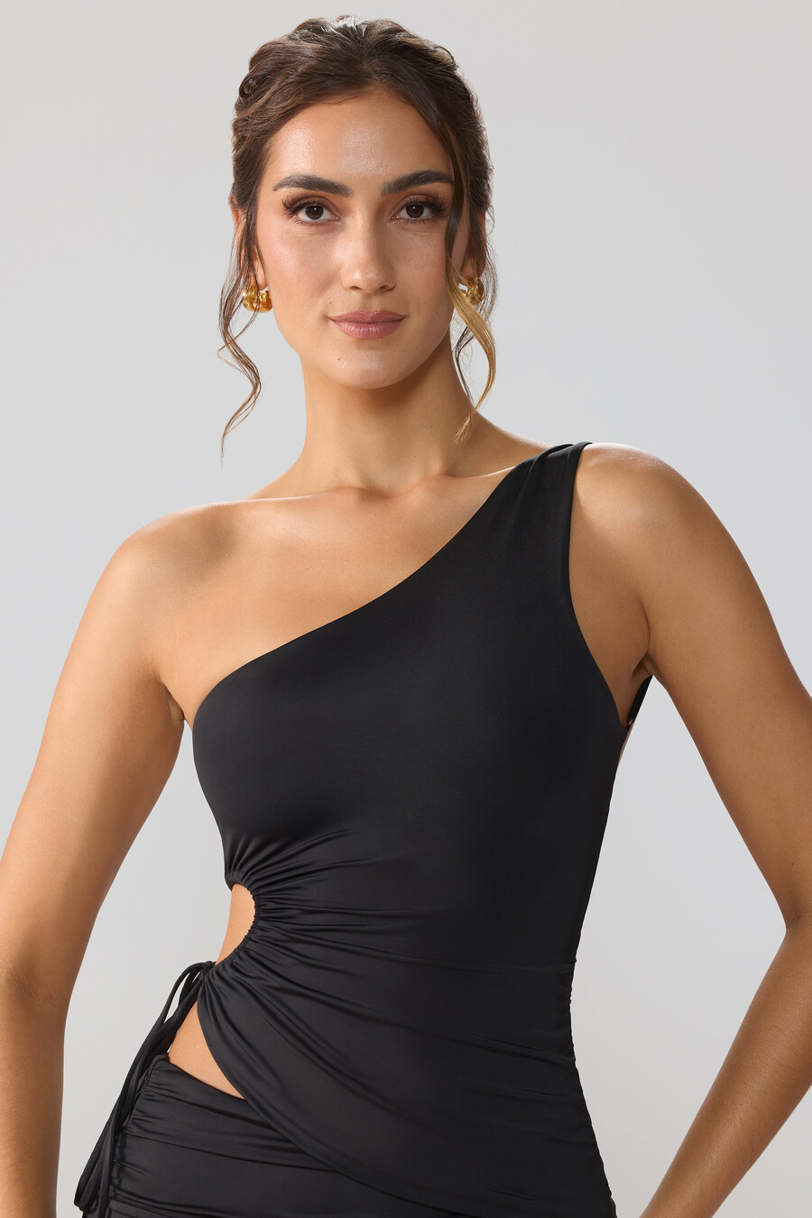 slinky jersey ruched cut out one shoulder -toppi mustana